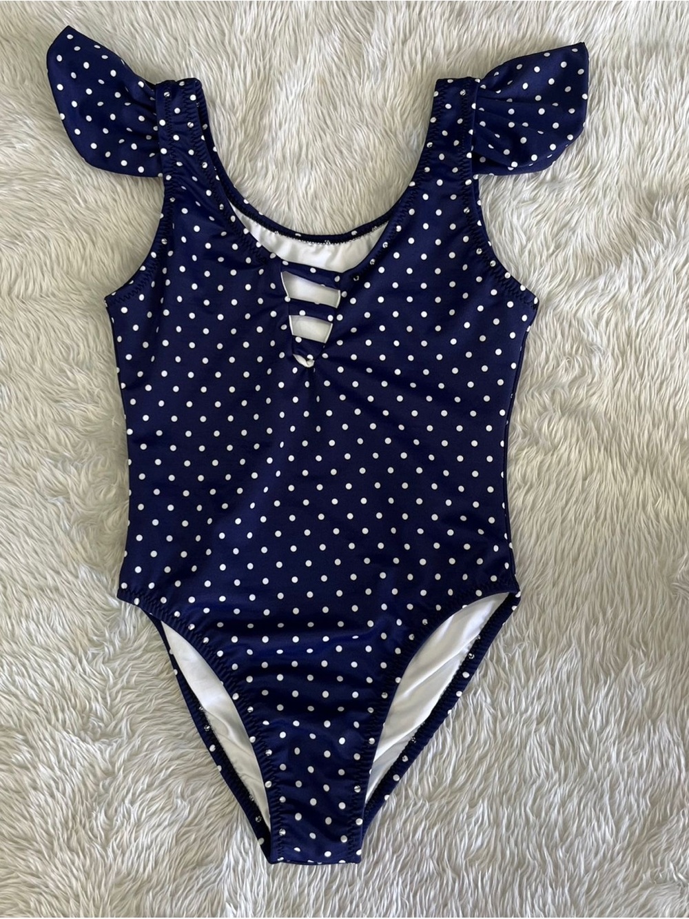 Women’s Navy Polka Dot One-Piece Swimsuit with Ruffle Straps NWT